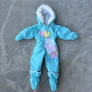 Vintage Aqua Baby Snowsuit w/ Kitty Applique & Booties (Climate Control)